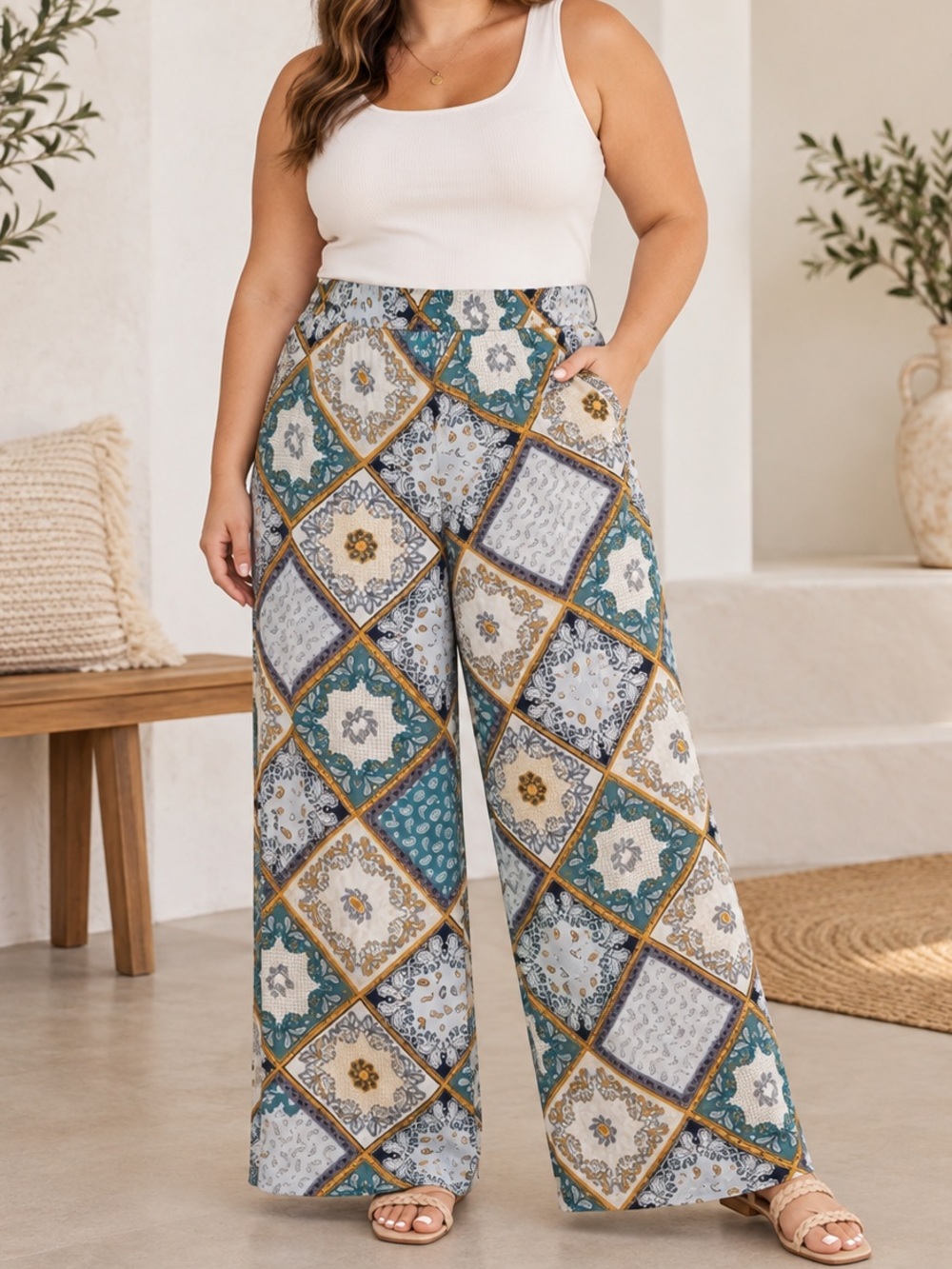 New Look Boho Patchwork Print Wide-Leg Pants 2x